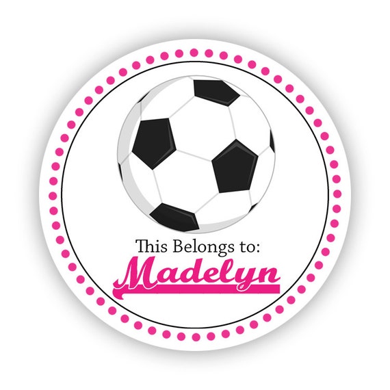 personalized name tag stickers pink black sport soccer ball