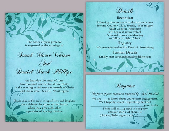 DIY Rustic Wedding Invitation Template Set Editable Word File Download Printable Invites Turquoise Blue Invitation Leaf Wedding Invitation