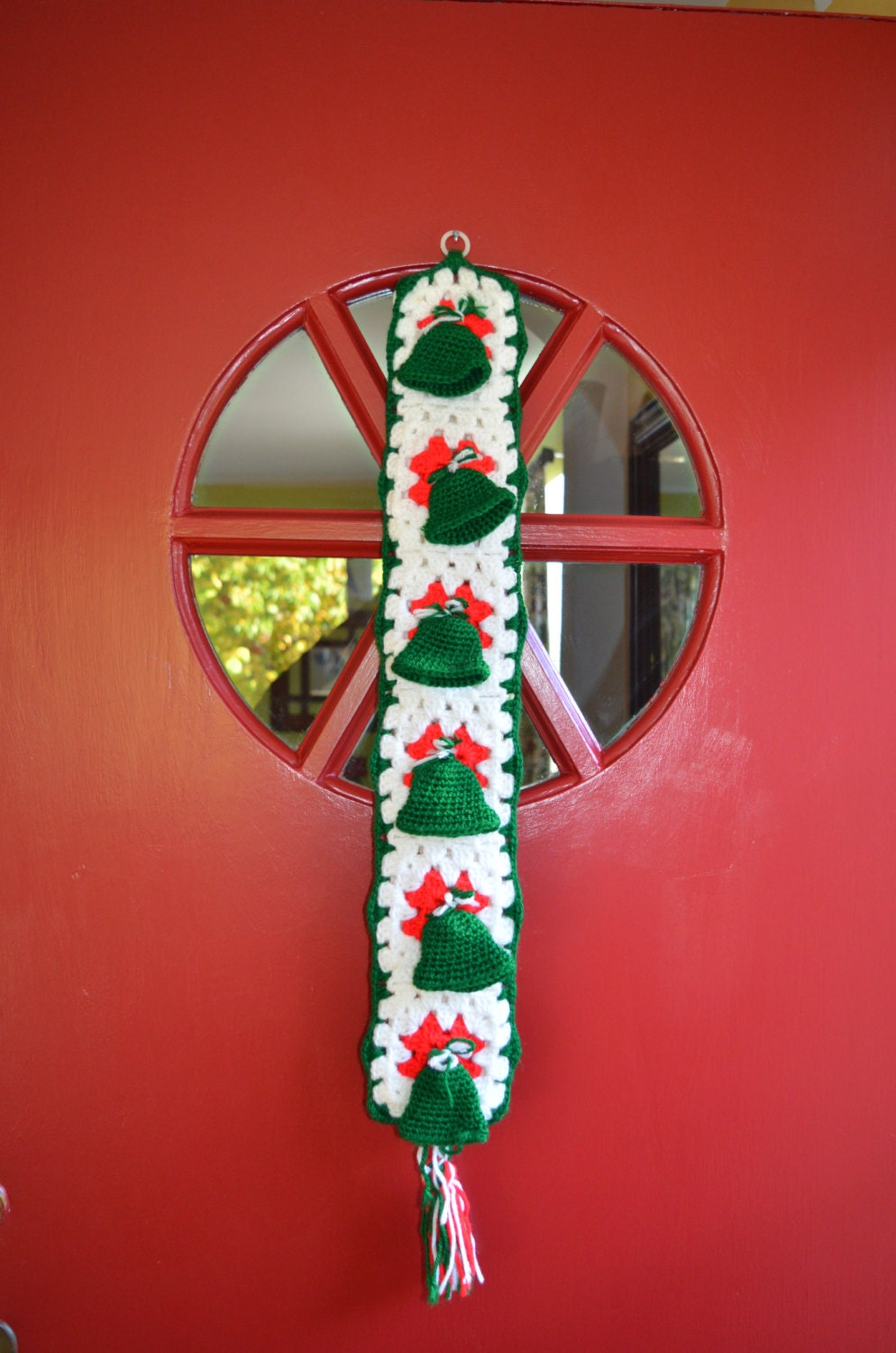 Vintage Crocheted Christmas Door Hanger with Jingle Bells