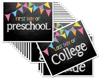 First & Last Day of School Chalk Design Photo Prop Deck of Signs - ENTIRE series Preschool thru College (16 grades), Fits any 8x10 Frame