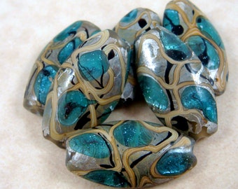 Lampwork Beads - Khaki and Turquoise Lampwork Beads - Lamp work Oval beads - 30mmx17mm - Qty 3