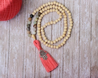 Bead Tassel Necklace, 108 Mala Bead, Mala Necklace, Amazonite Beads, Yoga Necklace, Japa Mala Bead, Wood Meditation Beads, Bohemian Jewelry
