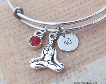 Yoga Bangle Personalized Hand Stamped Initial Birthstone Antique Silver Meditation Lotus Pose Stainless Steel Expandable Bangle Bracelet