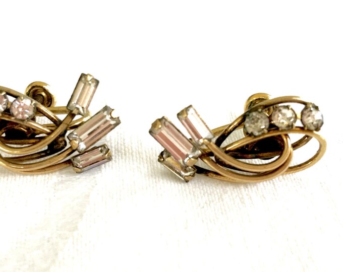 Rhinestone Earrings, Baguette Stones, Vintage Carl Art, Gold Filled Screwback Earrings, Designer Signed, Holiday Earrings
