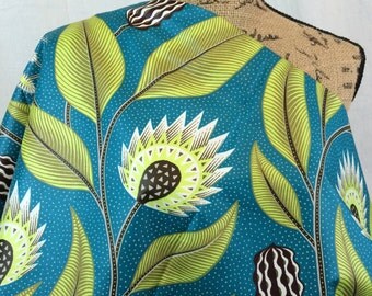 African Wax Print Fabric--Ankara Print Fabric--Genuine Vlisco Java Print--Teal, Lime, Brown Abstract Floral--African Fabric by the HALF YARD