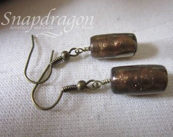 Brown foil glass cylinder drop earrings