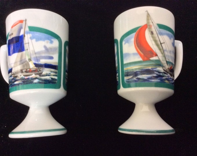 Set 6 Nautical Pedestal Coffee Mugs with Sailboats, Sailing Yachts Themed Mugs, Gift For Him