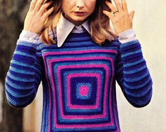 Vintage 70s Sweater Crochet Granny Top - Crochet Pattern - PDF Instant Download - Square Sweater - Digital Pattern - Crochet Blouse Pattern