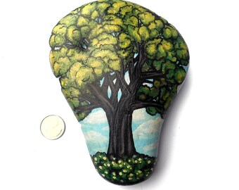 Painted rock, tree, original art, hand painted, home decor, garden decor, painted stone, tree rock, tree painting