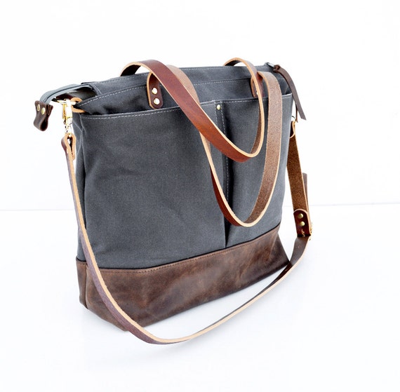 Grey waxed canvas and Dark Brown leather diaper bag by ForestBags