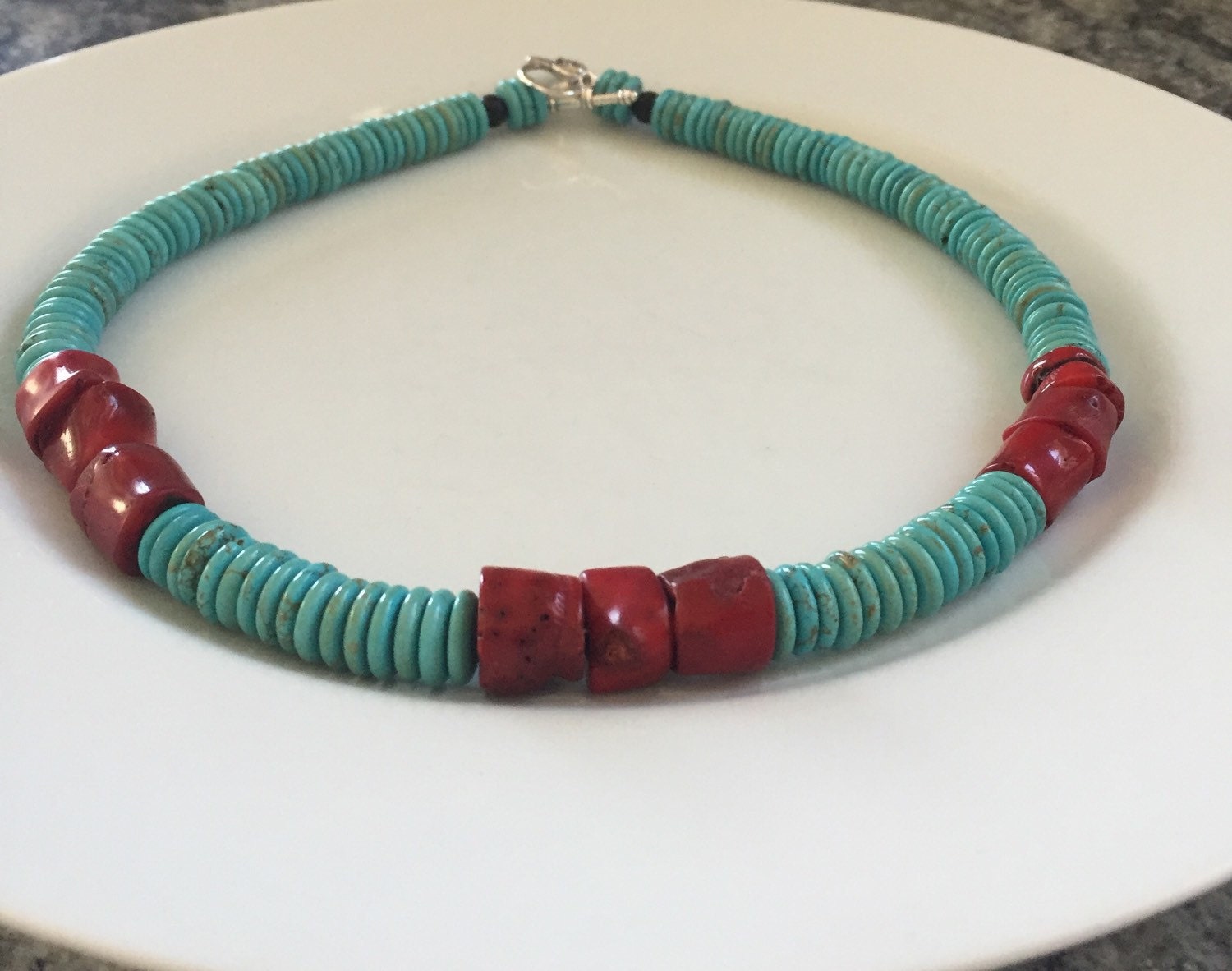 Coral and turquoise necklace heishi turquoise and red coral
