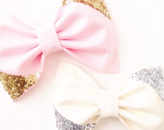 Gold silver glitter bow on pink cream baby girl hair bow headband