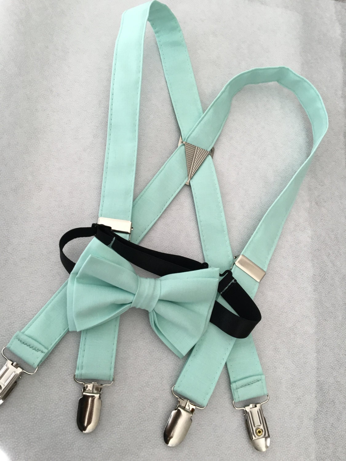 Mint green suspenders and bow tie set for