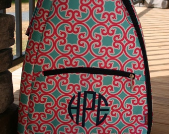 Girls Monogrammed Tennis Bag Pink Mint Floral Navy Trim Personalized Girls Tennis Backpack
