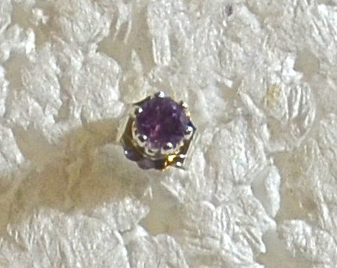 Man's Amethyst Stud, Small 3mm Round, Natural, Set in Sterling Silver E932M