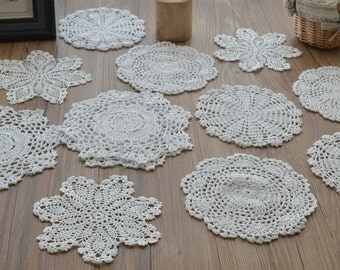 Lot 12 Hand Crochet White Doilies Cotton Snowflake Pineapple Floral Wedding Coasters