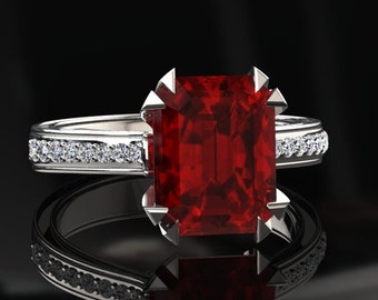 Ruby Engagement Ring Emerald Cut Ruby Ring 14k or 18k White Gold Matching Wedding Band Available W13RUBYW