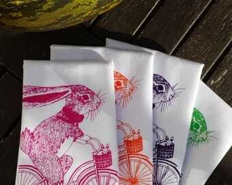 Screen Printed Napkin - Bunny on Bike - 100% Cotton- Handmade -Eco Friendly Cotton Napkin