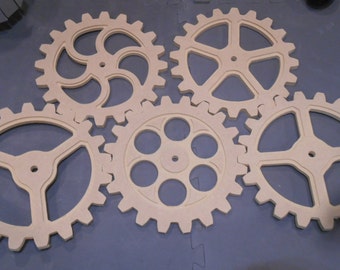 Wooden Gears, Wood Gears, Steampunk Industrial Design - Five 10 Inch Gears With Five Different Design