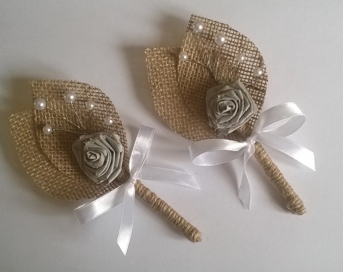 Burlap Groom's Boutonniere with Flower, Rustic Wedding, White Bow,