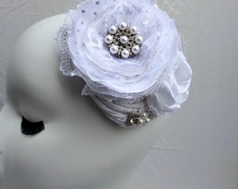 Wedding Hair accessory-fabric flower fascinator-Elegant White Satin rose-lace wedding flower-white rose hair accessory-lace fabric flower