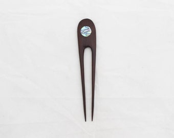 Wood hair fork 2 prong wooden hair sticks with paua shell, wood carving, wooden hair accessories