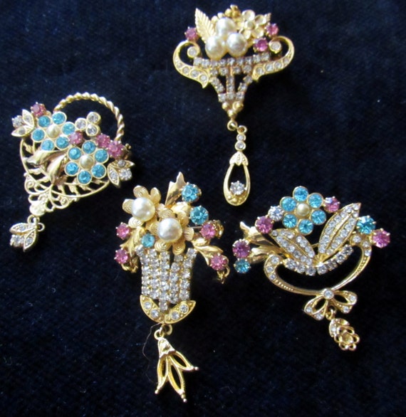 Czechoslovakia brooches rhinestones - set of four
