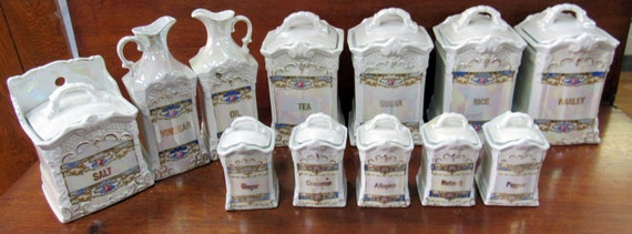 German Salt Box Lustre Set with rare salt box, oil & vinegar pitchers, spices etc. 12 pices