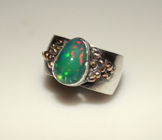 natural green opal ring 14k gold and silver opal ring