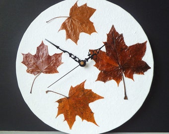 Leaves Wall Clock - Real Dried Pressed Autumn Fall Leaves Woodland Botanical Decoupage Clock