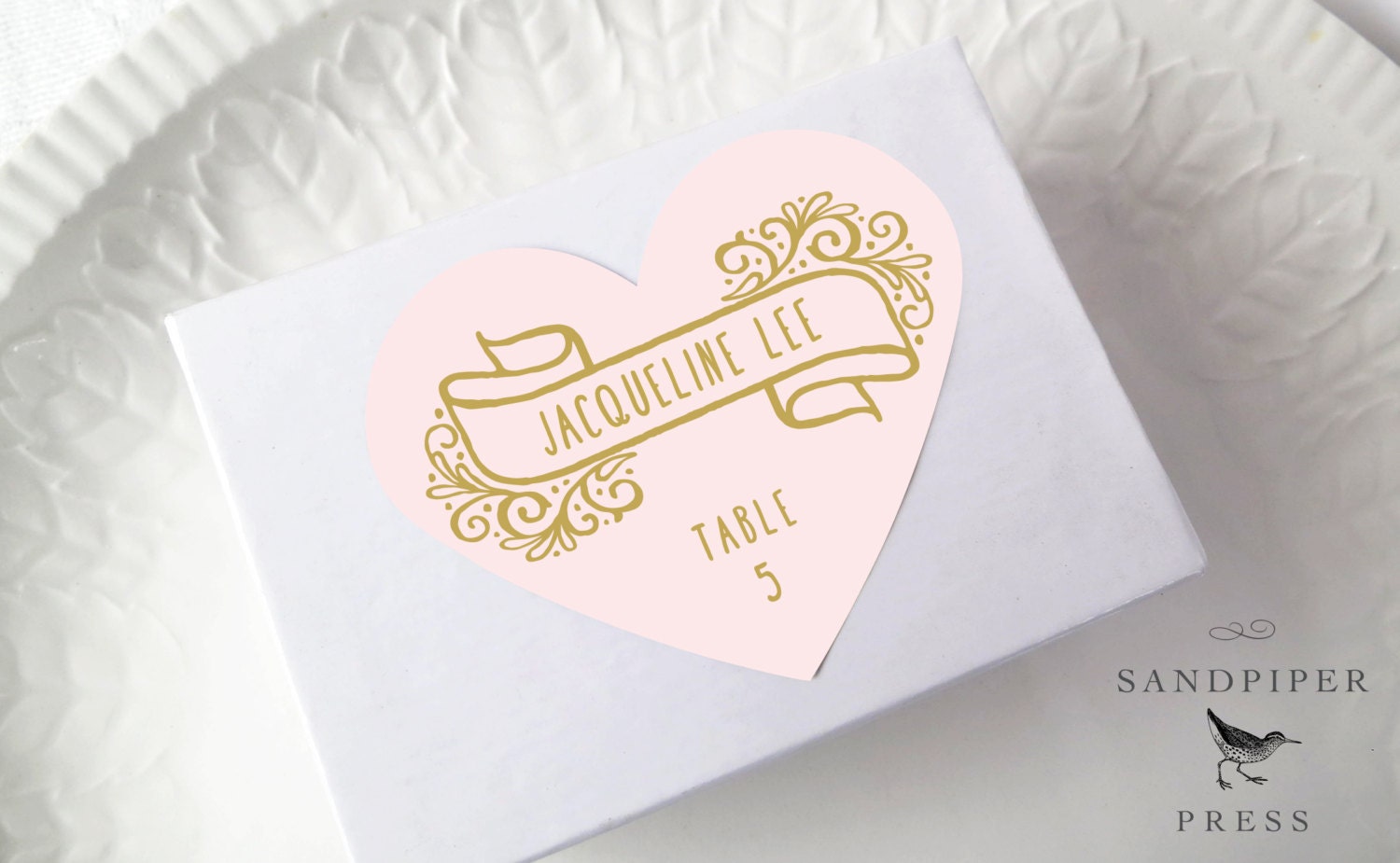 Blush Gold Wedding Place Card Stickers Valentine Heart