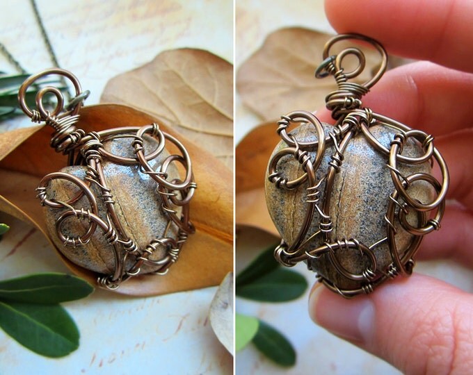 Wire wrapped necklace "Terra Love" with gorgeous large smooth heart shaped picture Jasper pendant. Custom chain length.