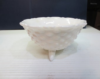 Milk Glass Bowl with Three Feet. Hobnail Pattern and Scalloped Rim Serving Bowl Collector Item