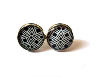 Tribal Earrings - Stud Earrings -Geometric Earrings - Native Jewelry - Ethnic Earrings - Aztec Earrings - Black and White - Gift for woman