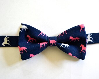 Derby bow tie,navy blue and pink horses bow tie,Kentuky derby bow tie