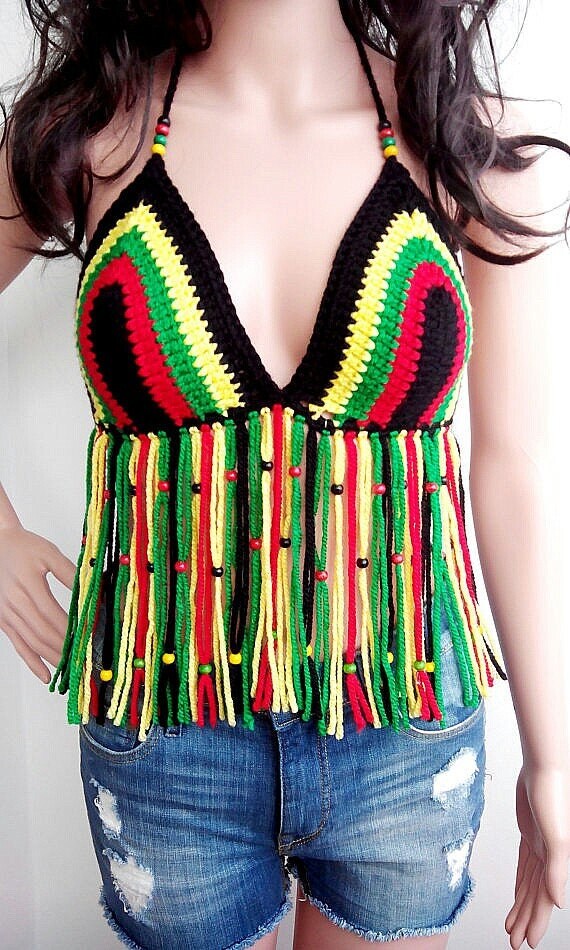 Sexy Rasta Crochet Crop Top Boho Hippie Fringed Rasta Beads