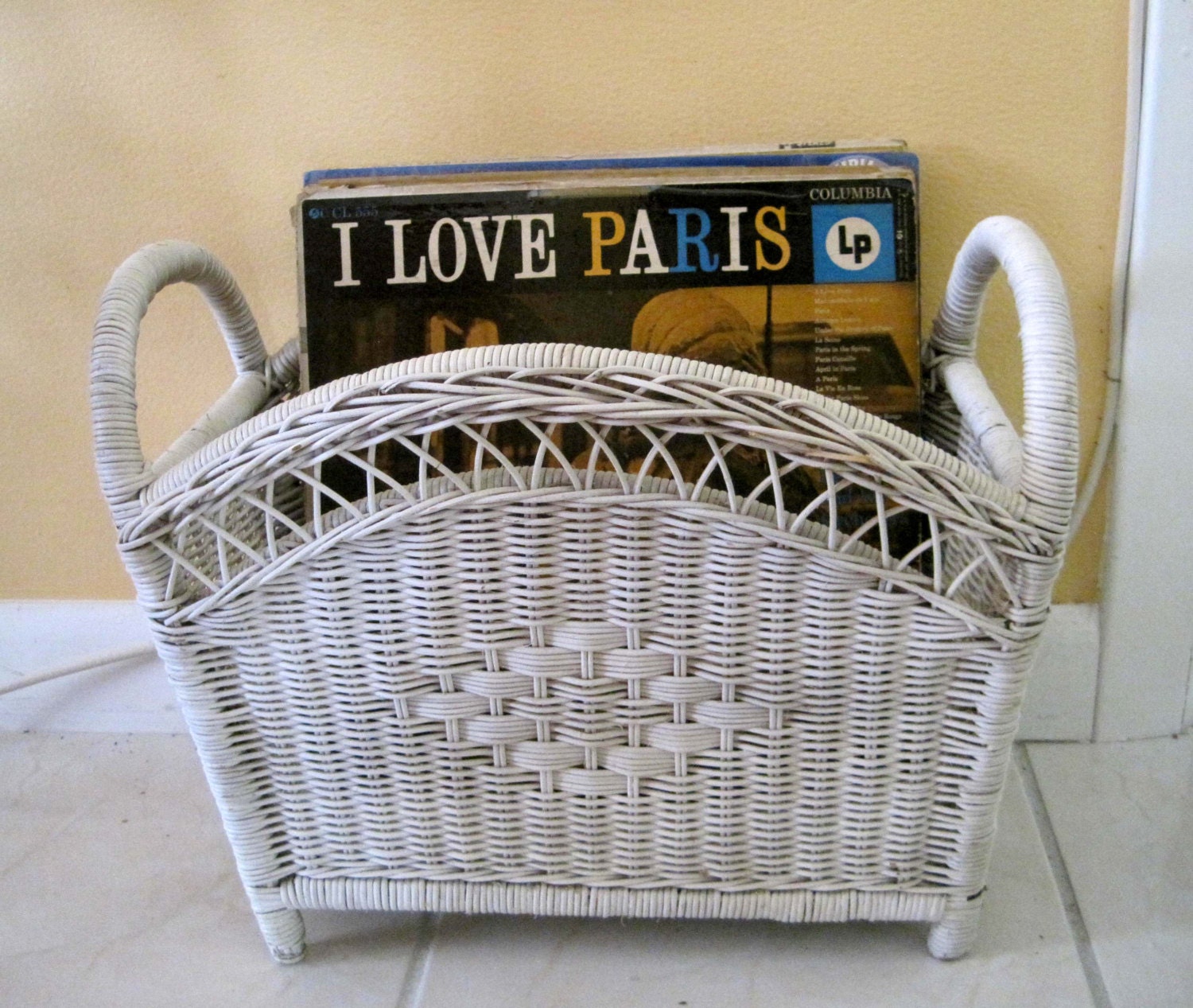 White Wicker Magazine Holder Shabby Chic Boho Woven Rattan