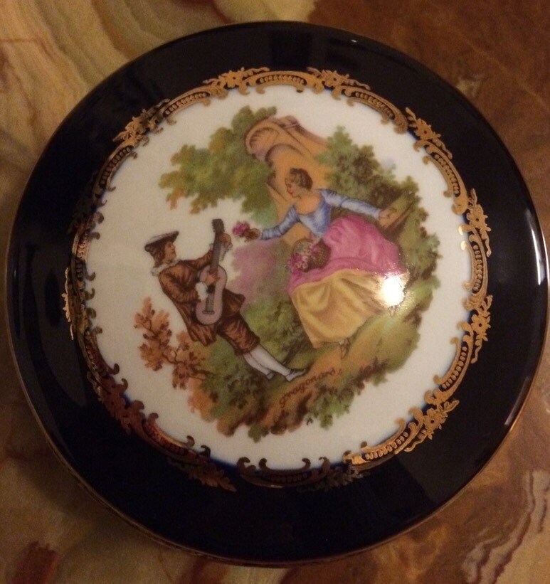 Vintage Limoges Castel 22 k gold porcelain cobalt blue trinket
