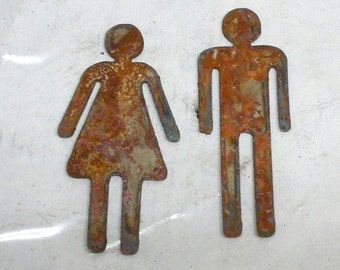 Lot Set of 2 Rusty 3 inch Man Woman Restroom Male Female Shapes Potty People Vintage Antique Metal Art Ornament Craft Stencil Sign