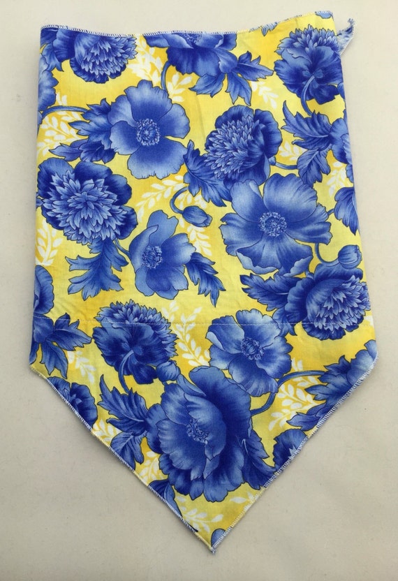 Blue Flower Print on Yellow Cotton Bandana w/ Hidden Pocket