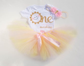 You are My Sunshine First Birthday Outfit | Summer 1st Birthday outfit with pink and yellow tutu | Your are my sunshine outfit