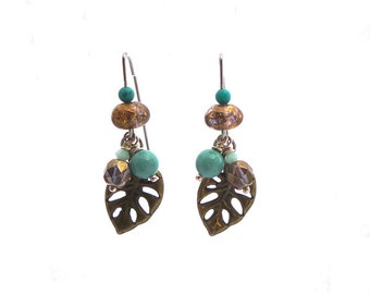 SALE turquoise brown leaf earrings, turquoise golden brown Czech glass, bronze plated leaf, hand folded stainless steel earhooks, bohemian