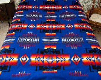 Vintage Beaver State Blanket, Pendleton Mills, Wool Camp or Trade Blanket, Bright Blue / Red / Black, Chief Joseph Design, Lodge, Southwest