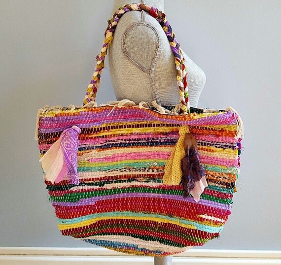 Rag rug bag beach tote colorful bag rug bag bohemian tote