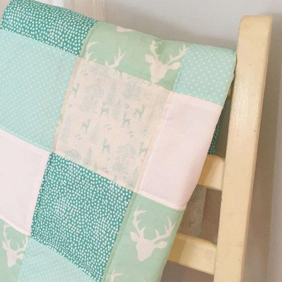 Stag Patchwork Baby Blanket Mint Green Cream Woodland