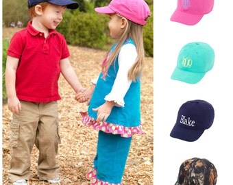 Personalized Monogrammed Kids Baseball Cap Toddler Hat Embroidered Hot Pink Mint Green Navy Blue Natural Camo Woods Black Brown