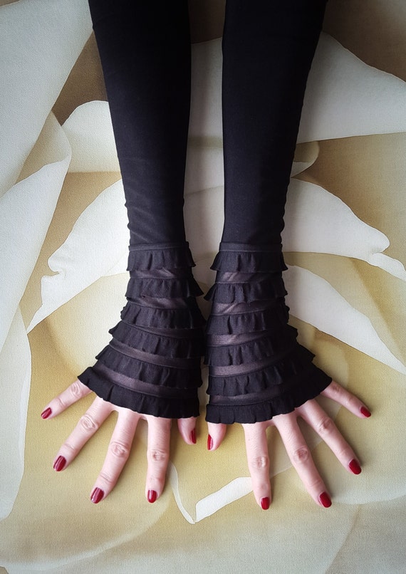 Black Ruffled Arm Warmers Gothic Wedding Fingerless Gloves