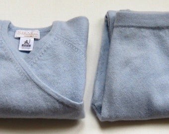 Blue vintage pure cashmere baby wrap cardigan and trousers set: 18 - 24 months