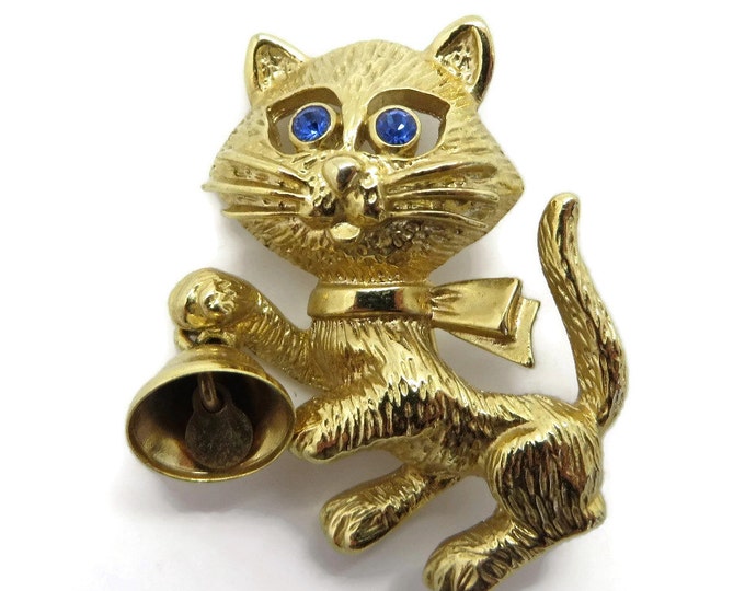 Vintage AVON Cat Brooch, Gold Tone Kitten, Bell Pin, 1980s Jewelry, Gift for Her, Gift Boxed