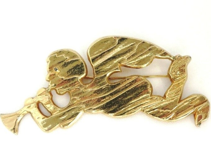 Vintage Brooch - Castle Cliff Flying Angel Brooch, Gold Tone Angel with Horn Pin, Christmas Gift